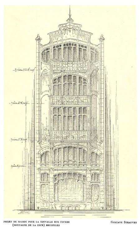 Projet de maison pour la Montagne de la Cour (aujourd’hui Mont des Arts), Bruxelles (<i>La Gerbe, Revue d’Art décoratif et de Littérature</i>, I<sup>re</sup> année, n<sup>o</sup> 1, 15 février 1898, p. 11).
