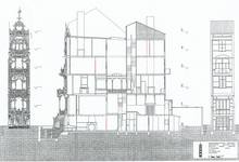 Ambiorixsquare 11, Brussel Uitbreiding Oost, opstanden en langsdoorsnede (P. Van Dijk, D. Maher, F. Mahieu, Maison Saint-Cyr. Ambiorixsquare 11, Brussels, KULeuven, Project Work 1996-1997).